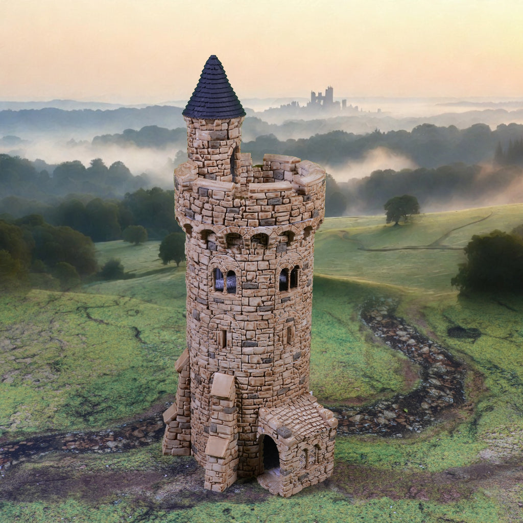 Kleiner steinerner Turm mit runden Fenstern und spitzem, dunklem Dach auf nebliger Landschaft.