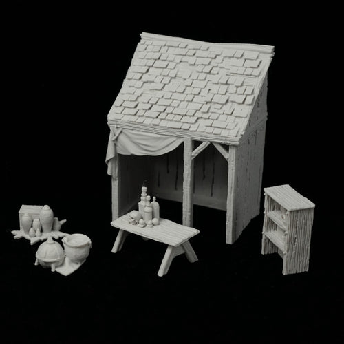 Miniaturiger grauer Verkaufsstand mit Dächern, einer Bank, Säcken, Flaschen und einem Schrank aus Steinstruktur.