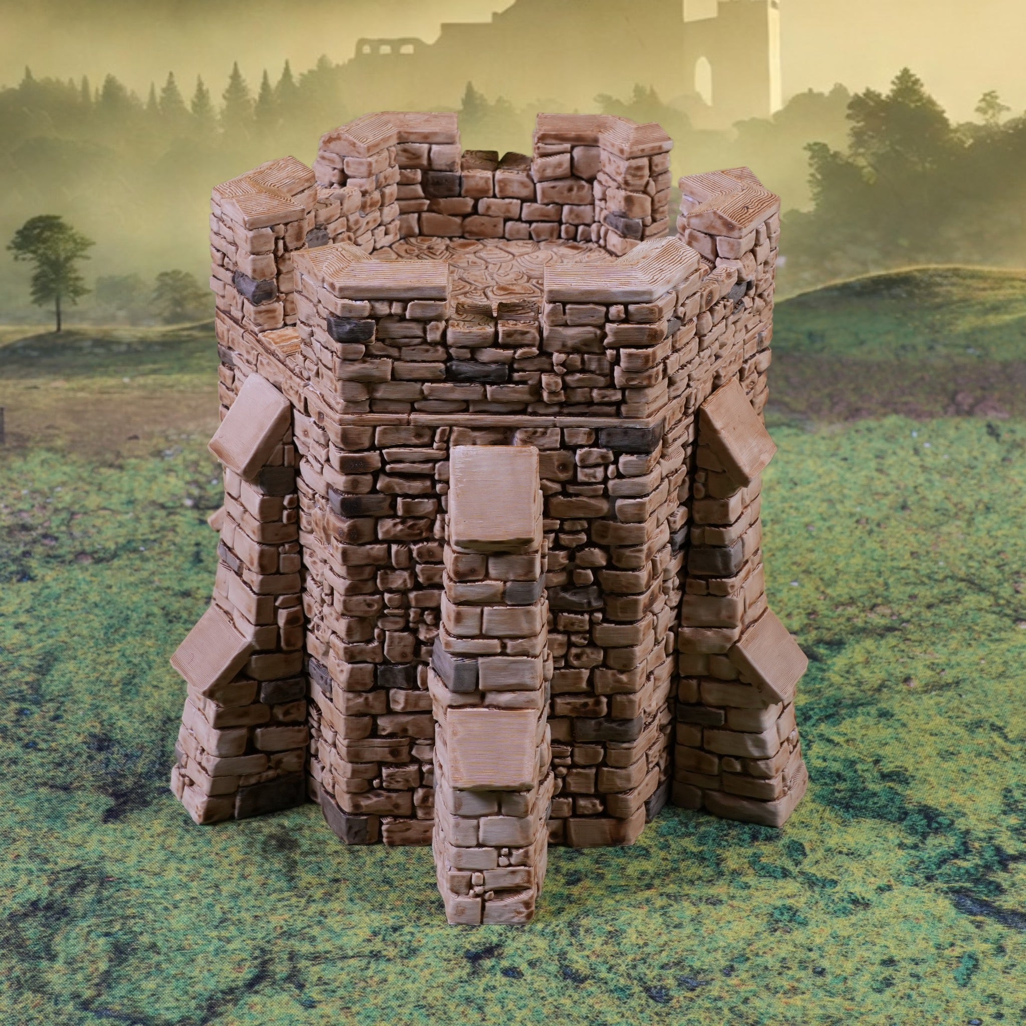 Runder Wandzinnen-Turm aus Stein mit detaillierter Mauerstruktur und vier Stützpfeilern.