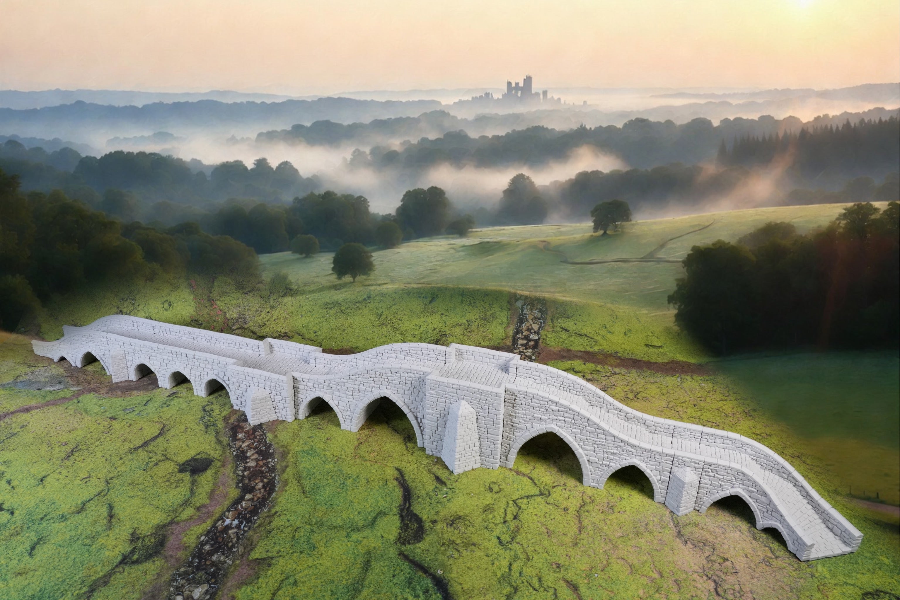 Weißes mehrbogiges Brückenmodell mit bepflanzter Fahrbahn auf grünem Landschaftsgrund.