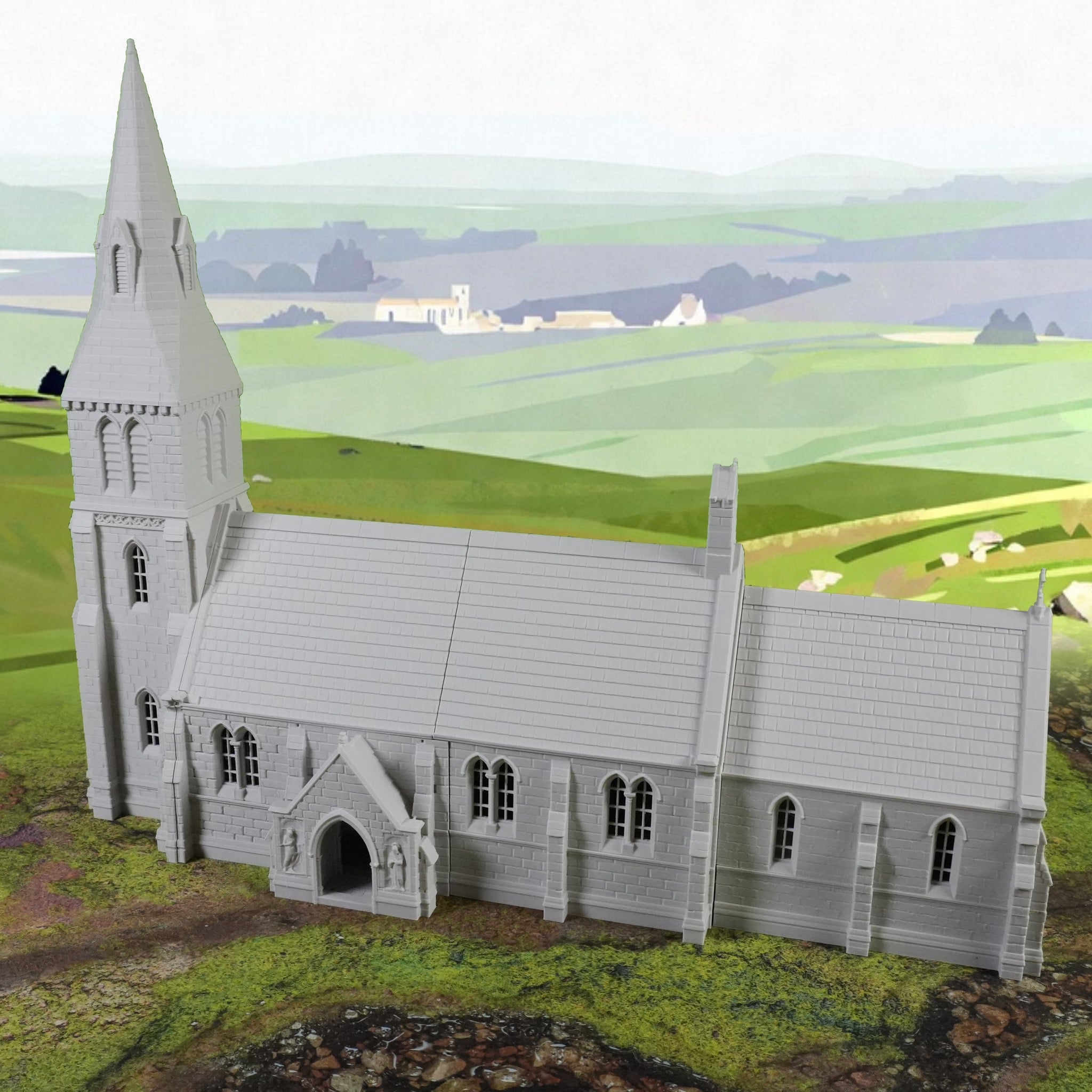 Graue mittelalterliche Kirche mit hohem Turm und Spitzdach, detaillierte Fenster und Türen.