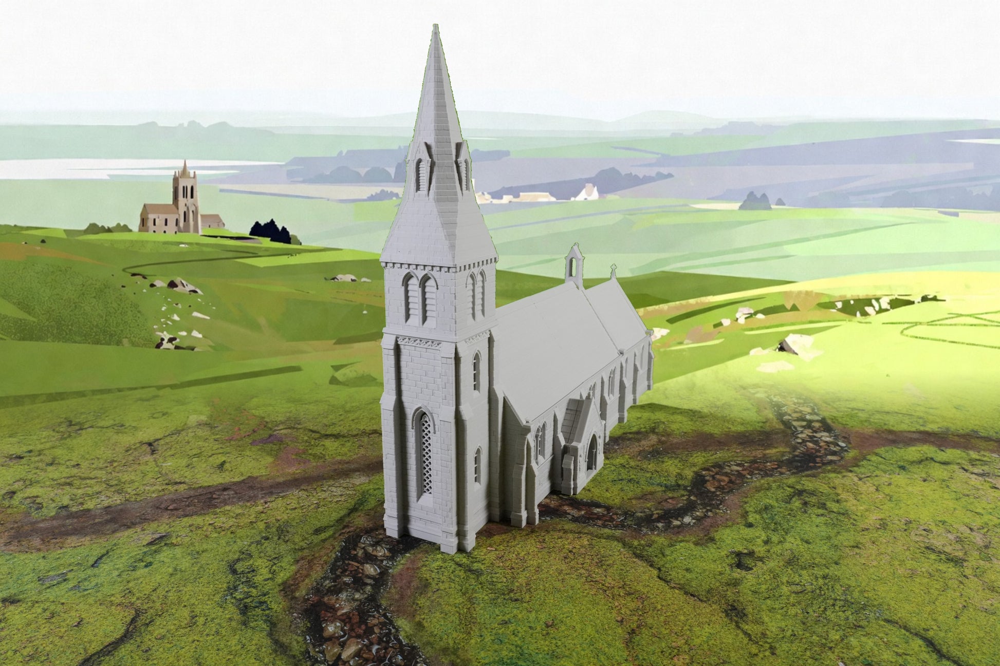 Graue mittelalterliche Kirche mit hohem Turm auf grüner Spiellandschaft.