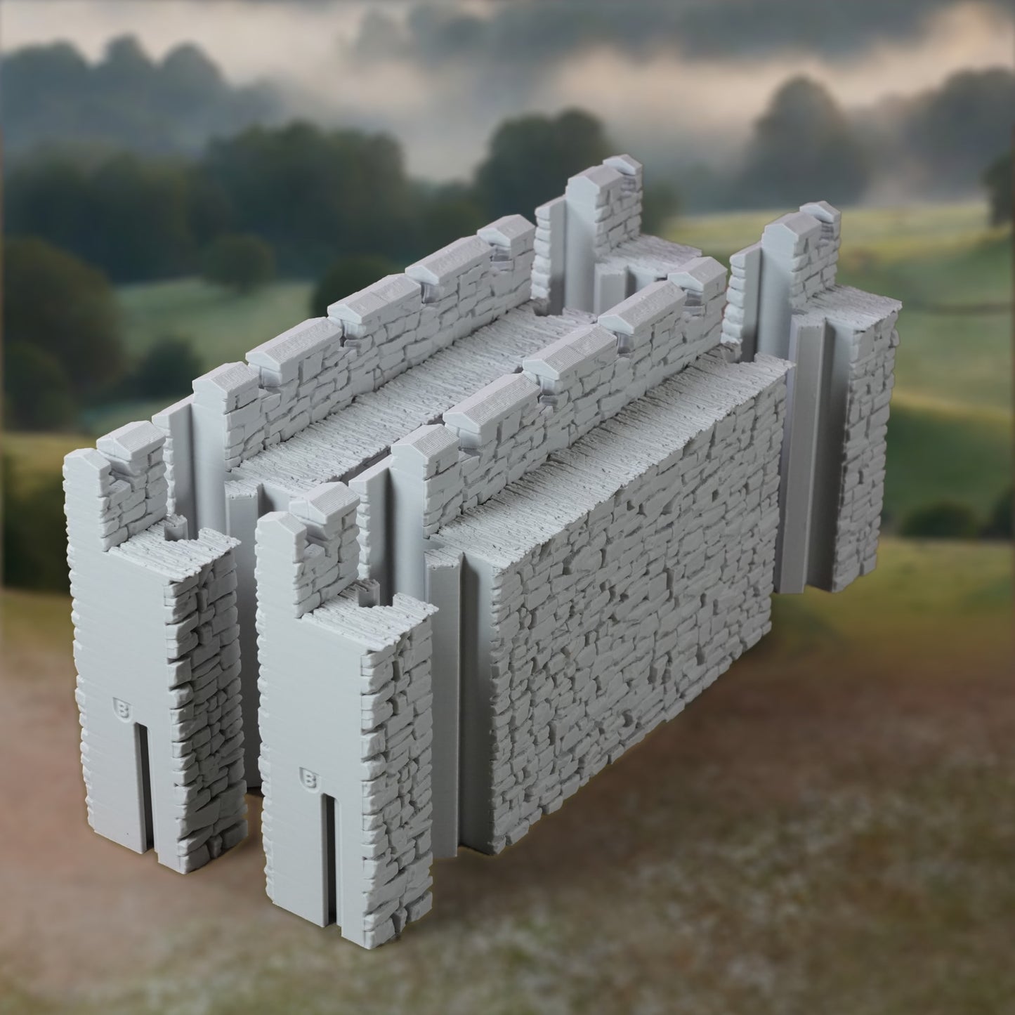 Graue 3D-gedruckte modulare Burgmauer mit Ecktürmen und detailreicher Steinstruktur, ohne Farbe.