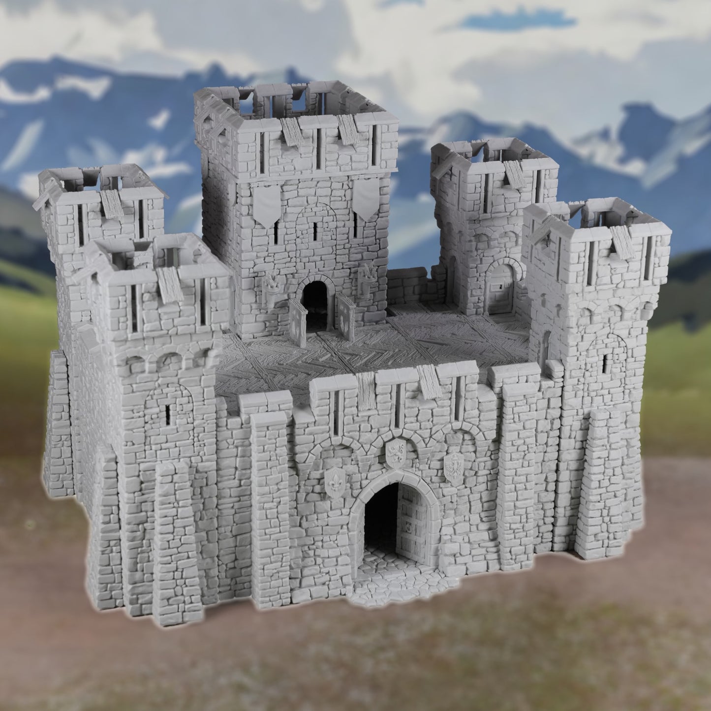 Graue Burg aus Stein mit hohem zentralen Turm und vier Ecktürmen, detailreiche Zinnen und Torbogen.