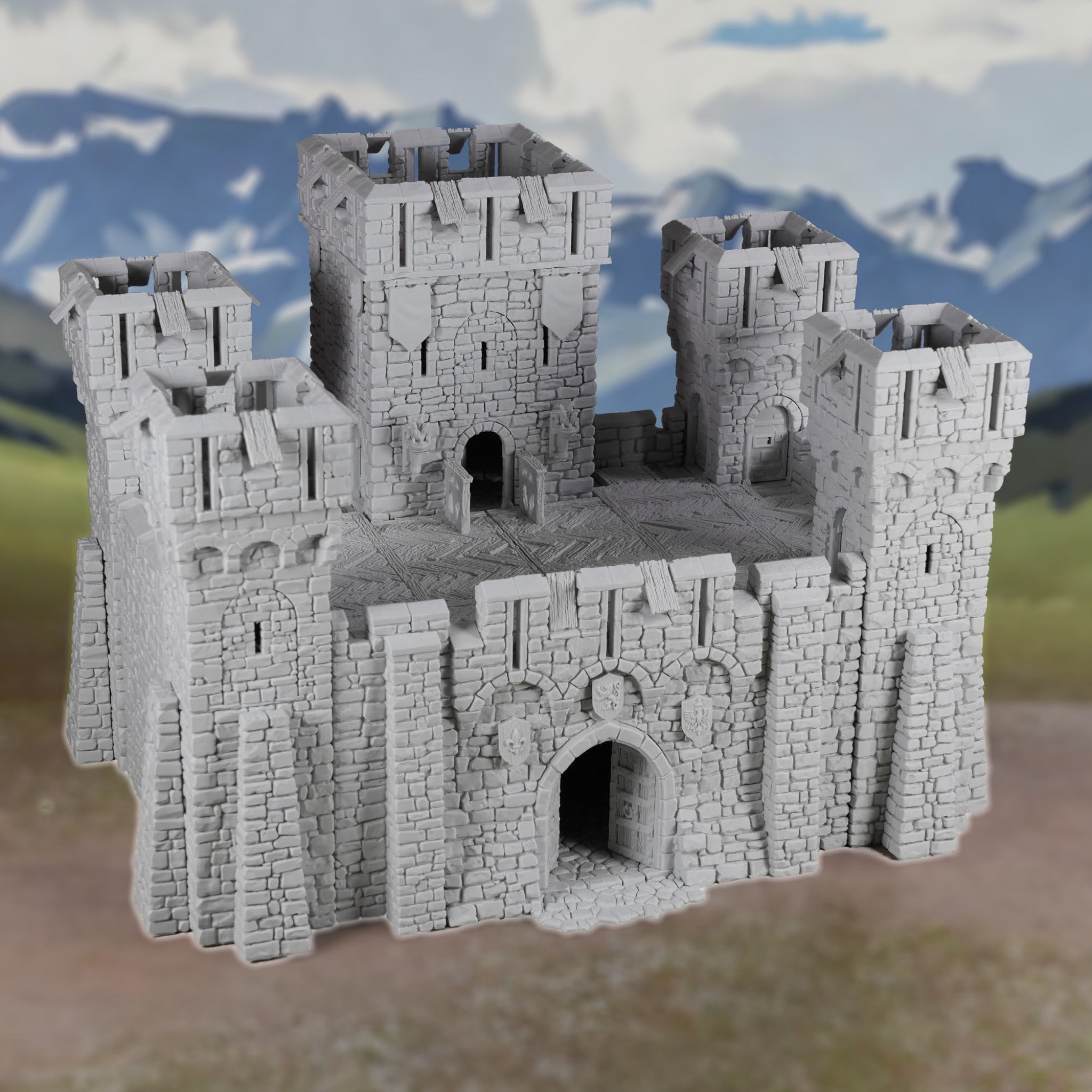 Graue Burg aus Stein mit hohem zentralen Turm und vier Ecktürmen, detailreiche Zinnen und Torbogen.