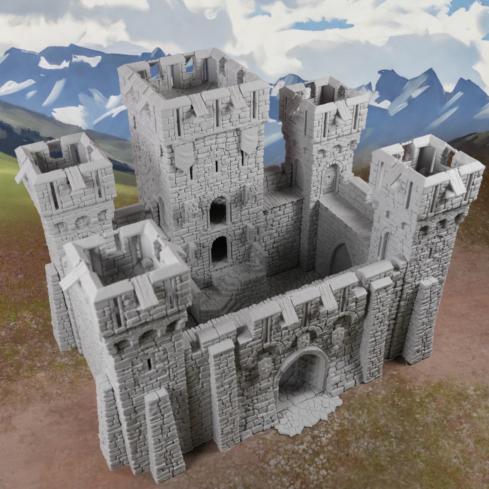 Graue Burgfestung aus Stein mit hohen Türmen und Zinnen, detailreich strukturiert.