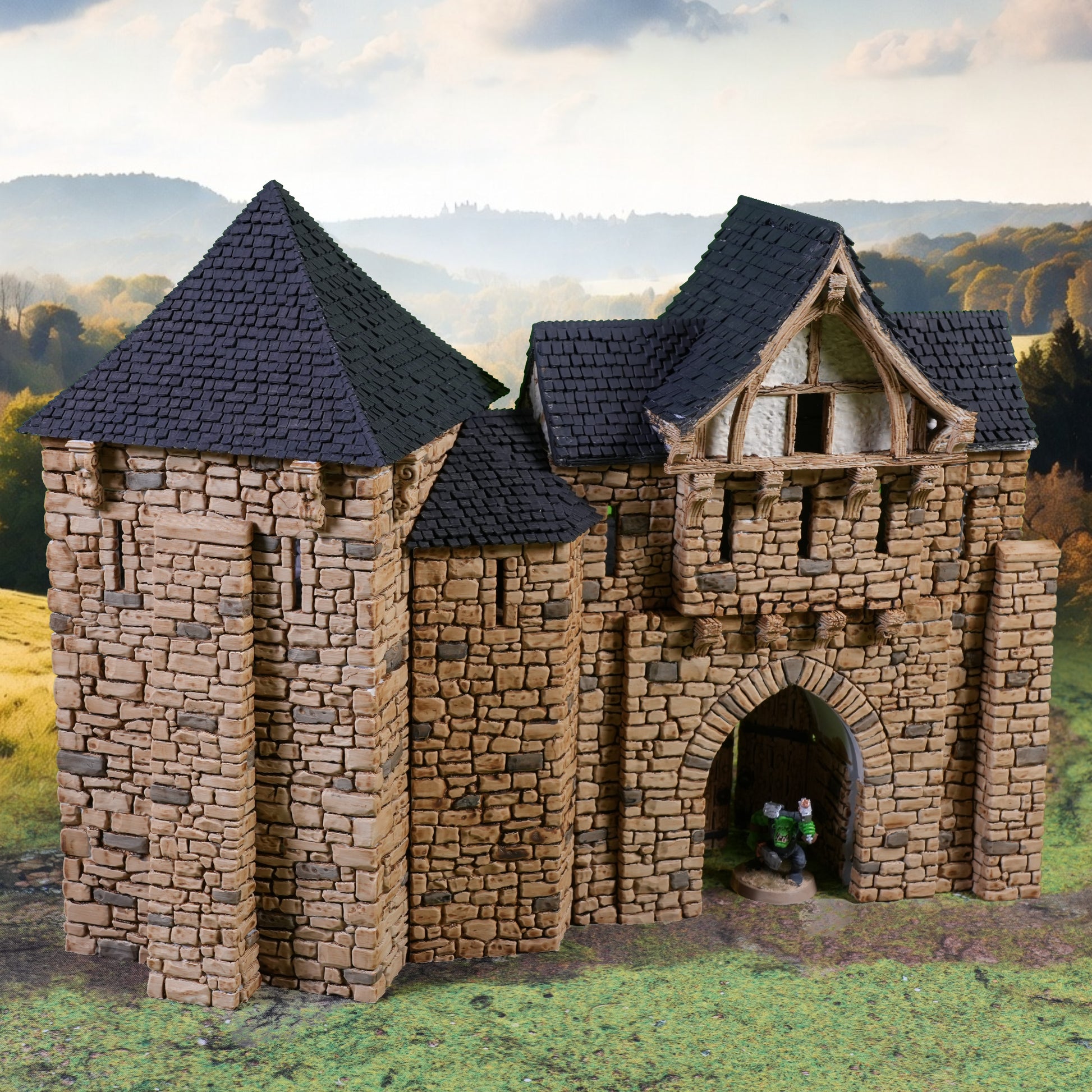 Steinernes Torhaus mit spitzem Schindeldach und befestigter Bastion, detaillierte Mauerstruktur.