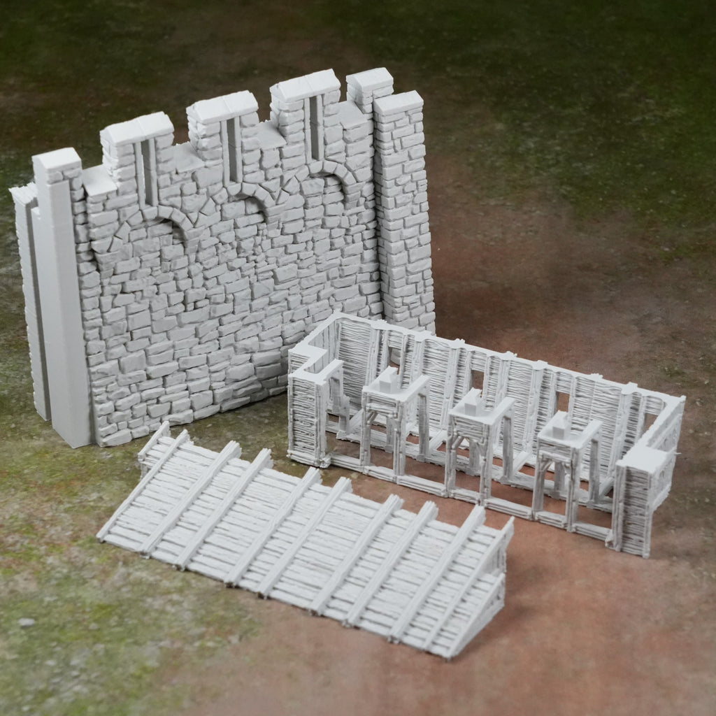 Grauer Burgen-Maueraufsatz mit Zinnen, steinmauerähnliche Struktur, modular und detailliert.