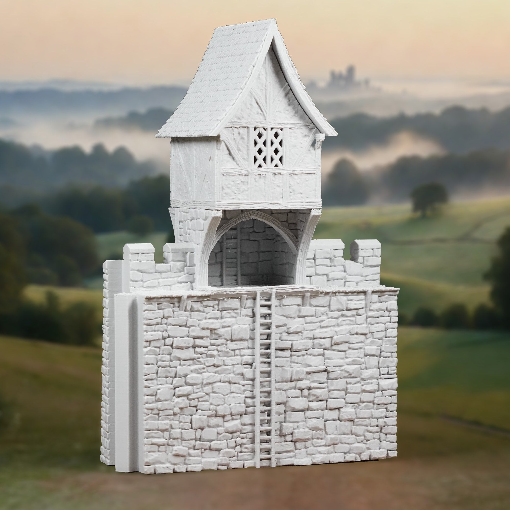 Weißer Burgturm mit Zinnen und steiniger Mauerstruktur, detailreich gefertigt.