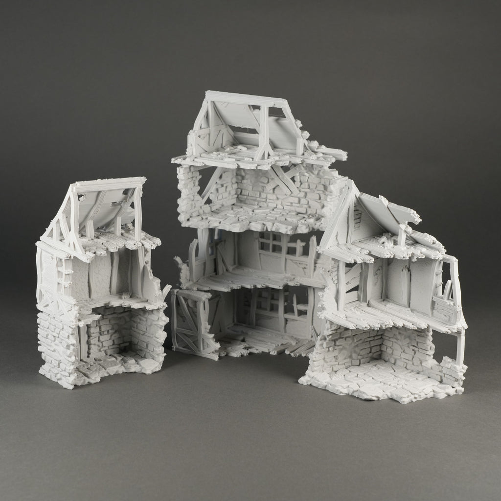 Zerstörtes Modellhaus aus Stein und Holz in Grau, 3 zerstörte Gebäudeteile, 28mm Maßstab.