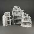 Zerstörtes Modellhaus aus Stein und Holz in Grau, 3 zerstörte Gebäudeteile, 28mm Maßstab.