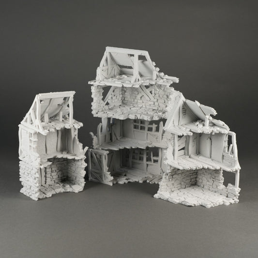 Zerstörtes Modellhaus aus Stein und Holz in Grau, 3 zerstörte Gebäudeteile, 28mm Maßstab.
