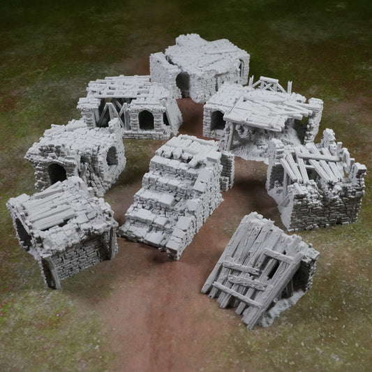 Zerfallene graue Brücken- und Wegsegmente aus Stein mit Holzverstärkungen, Miniatur-Diorama-Teile.