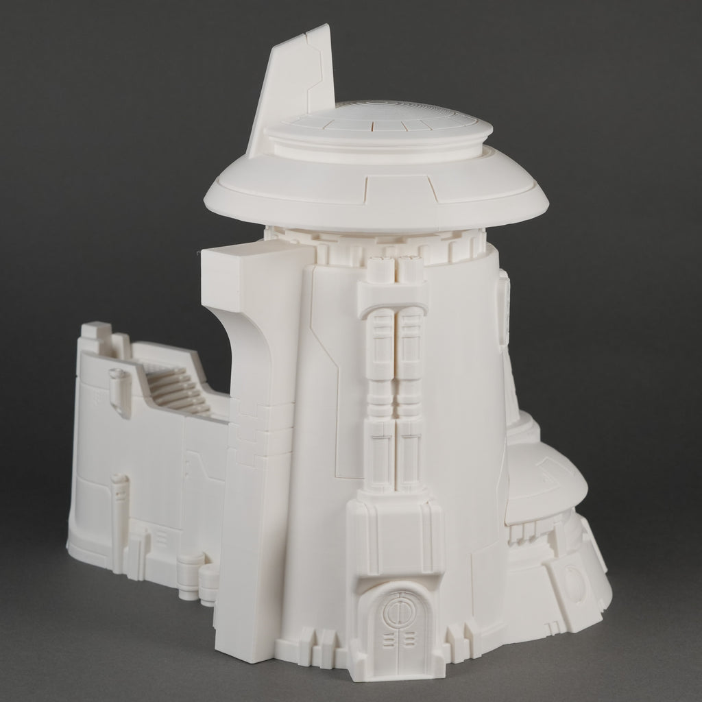 Weißer zylindrischer Büroturm mit moderner Architektur und angedeuteten Fenstern, 28-32mm Modell.