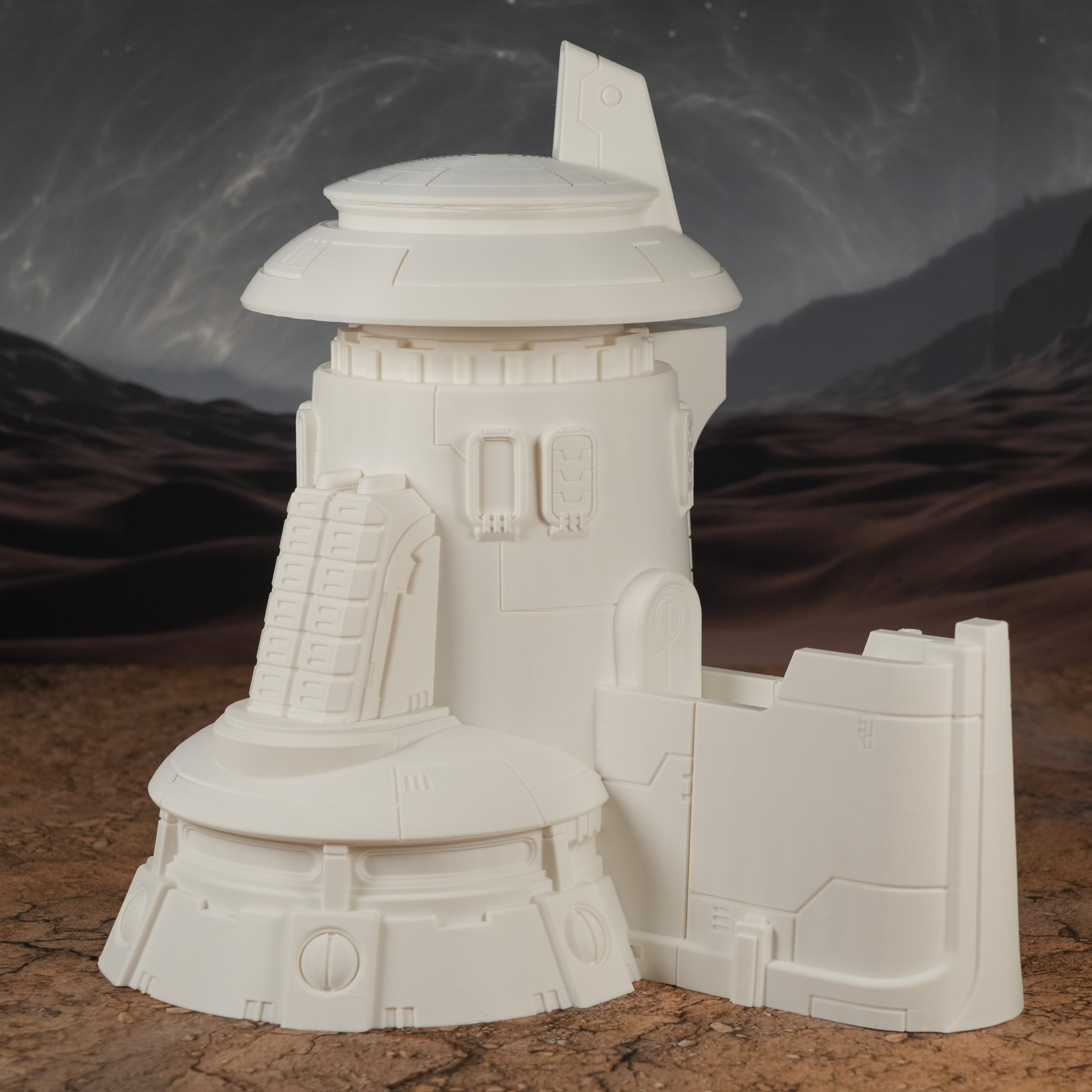 Beiger, futuristischer Gebäudeturm mit rundem und rechteckigem Aufbau, detailreich gestaltet.