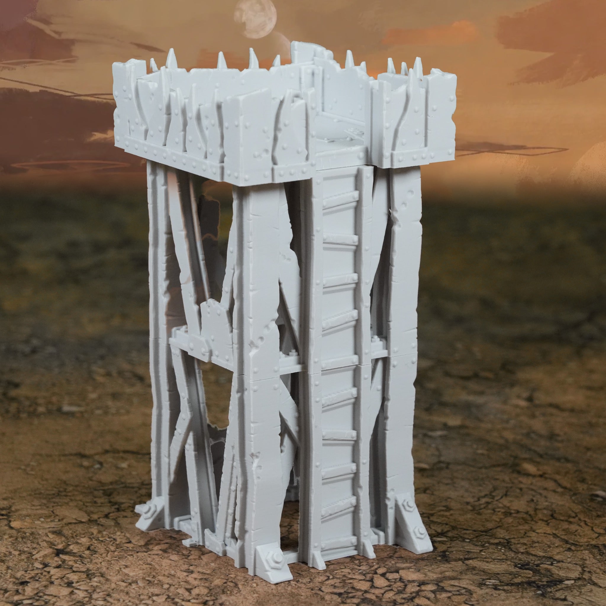 Weißer, detaillierter Wachturm mit Palisaden und Leiter, Spielgelände 28mm.