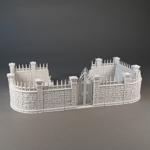 Modellierte graue Steinmauern mit Tür und Stacheln, 28mm Maßstab, detaillierte Textur.