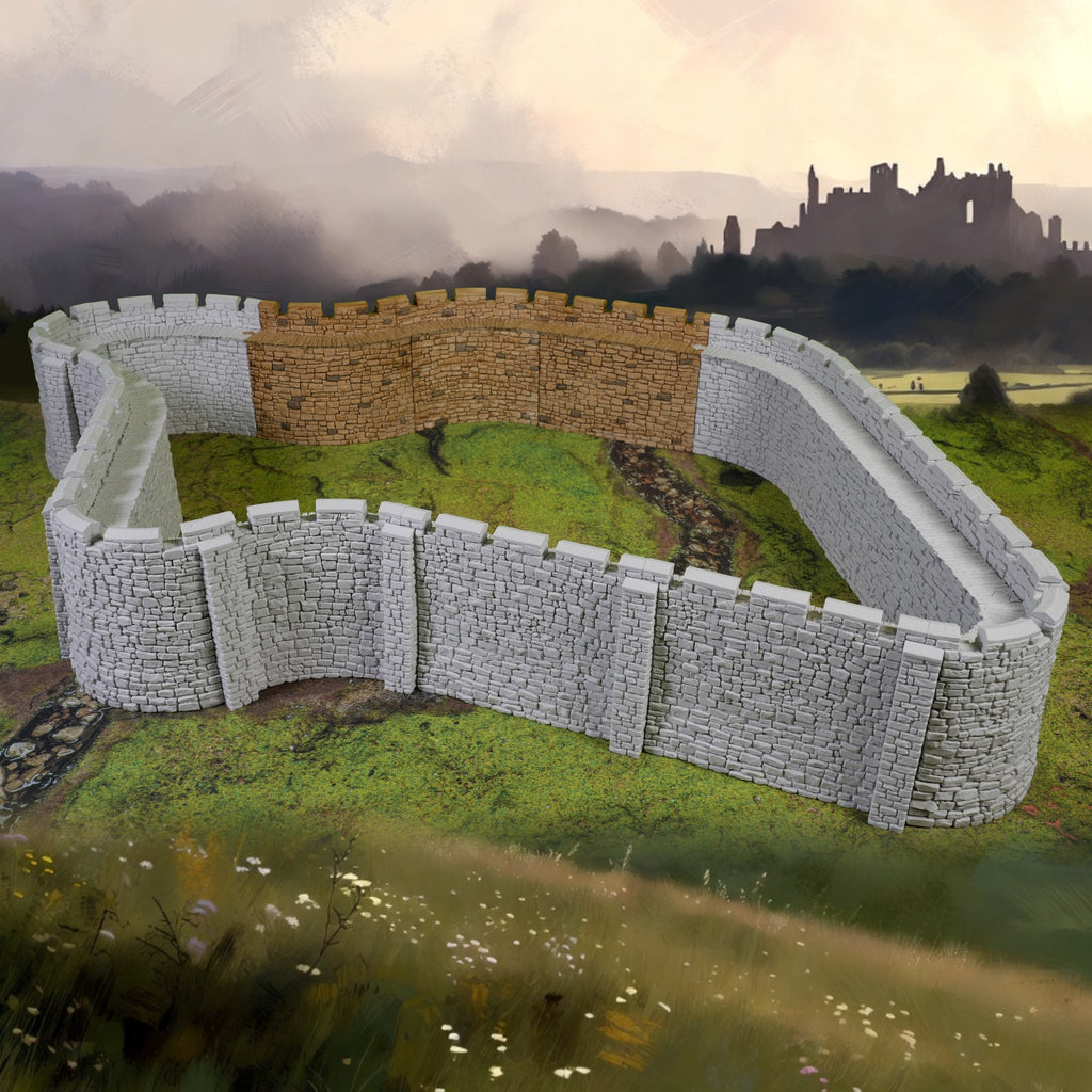 Modulare Burgmauern in Grau und Braun mit Zinnen, 32mm Maßstab, auf Grasfläche arrangiert.